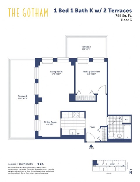Floor plan for 1 bed, 1 bath, 799 sqft